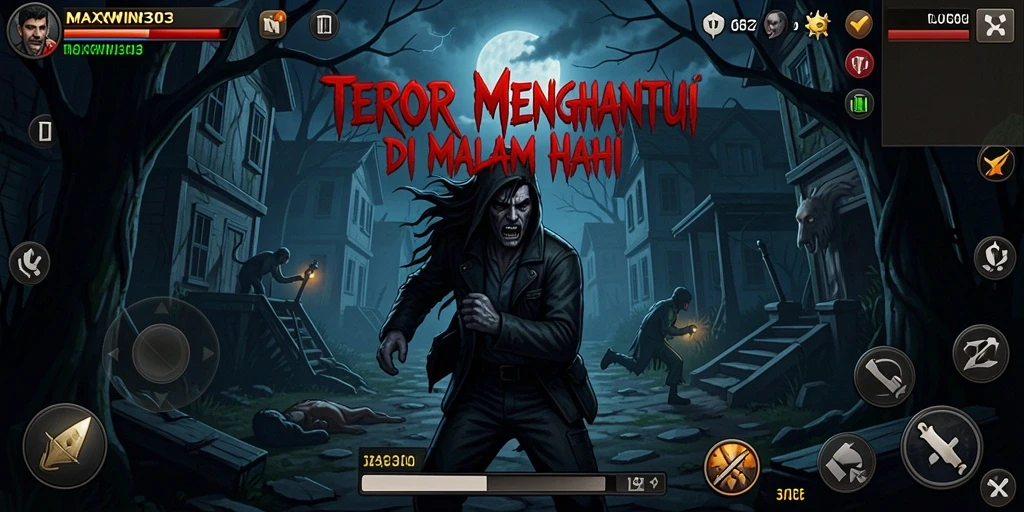 Tampilan gameplay MAXWIN303 dengan suasana menyeramkan dan karakter yang mencekam.