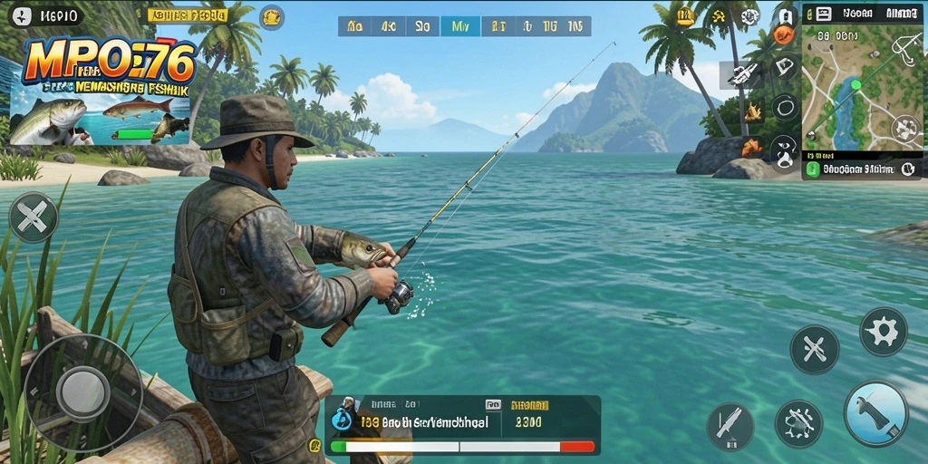 Screenshot utama MPO76 menunjukkan aksi seru saat memancing di danau yang indah.