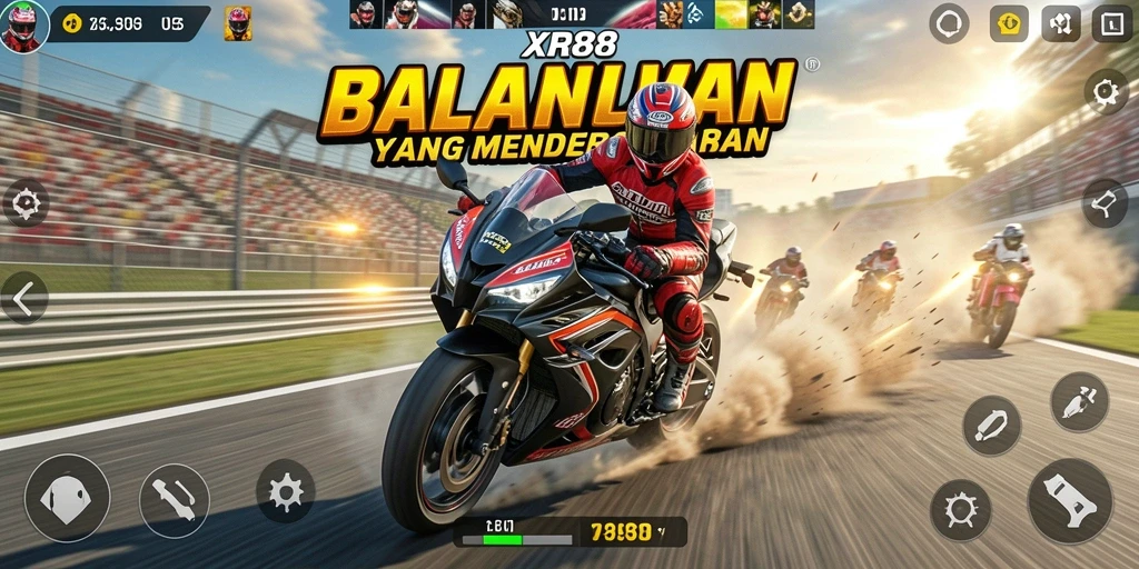 Screenshot gameplay XR88 menampilkan balapan motor yang intens dan mendebarkan.